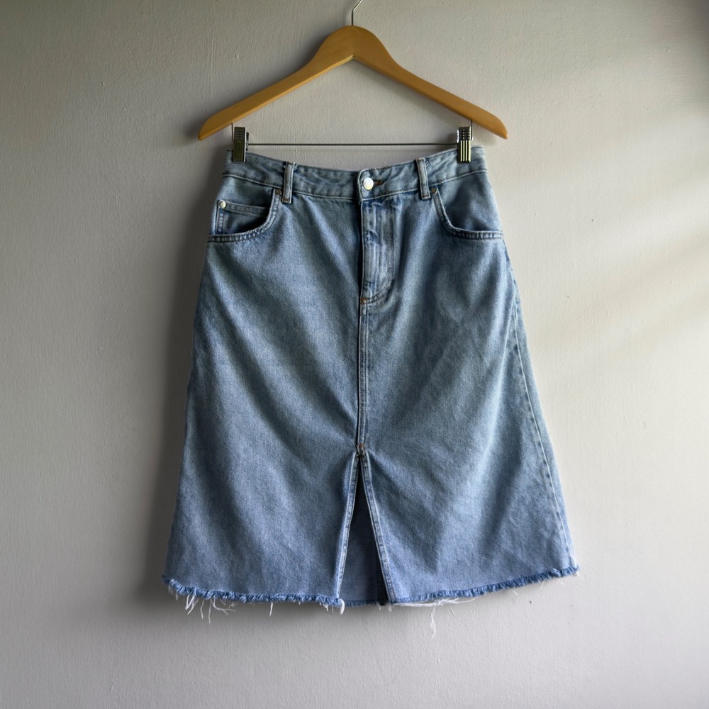 Pilcro Raw Hem Denim Midi Skirt Women 6 Light Wash Blue Front Slit A-Line Boho